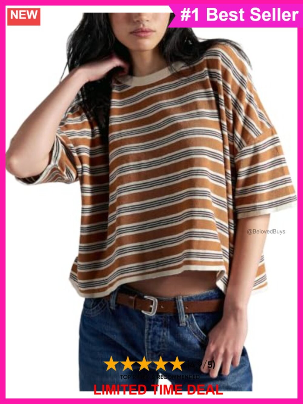 Oversized Striped Crop T-Shirt Drop Shoulder Elbow Sleeve Casual Summer Tee